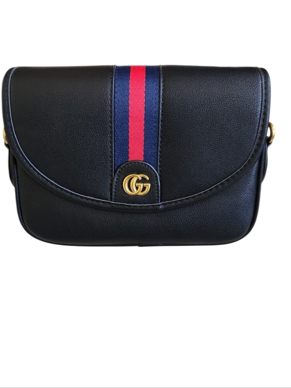 NEW Gucci Black Leather Crossbody with Navy and Red Web Stripe